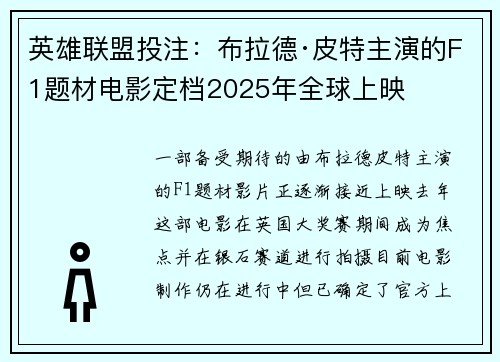 英雄联盟投注：布拉德·皮特主演的F1题材电影定档2025年全球上映